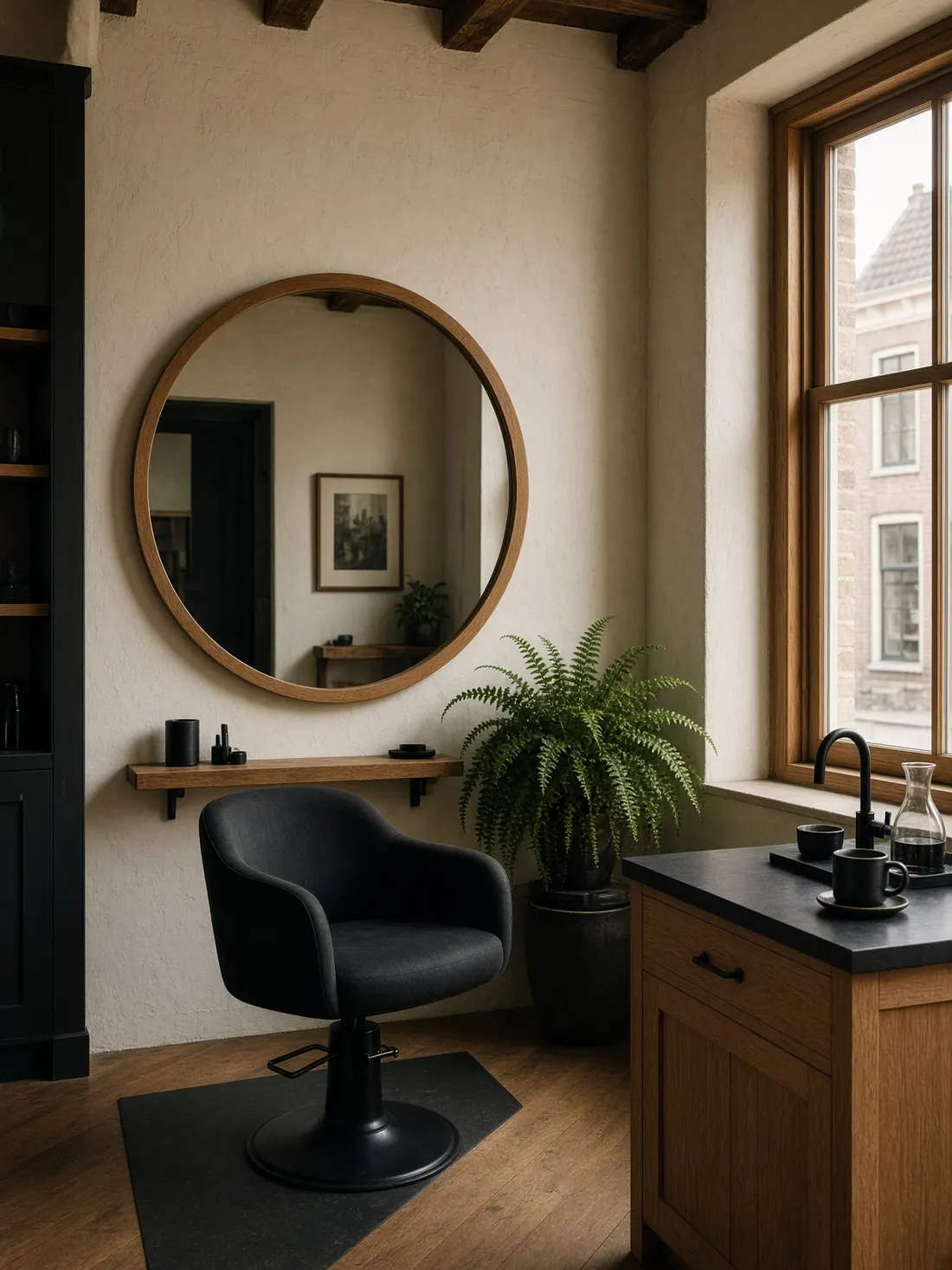 Intieme stylingstoel in de salon, met hout, zwart en varens